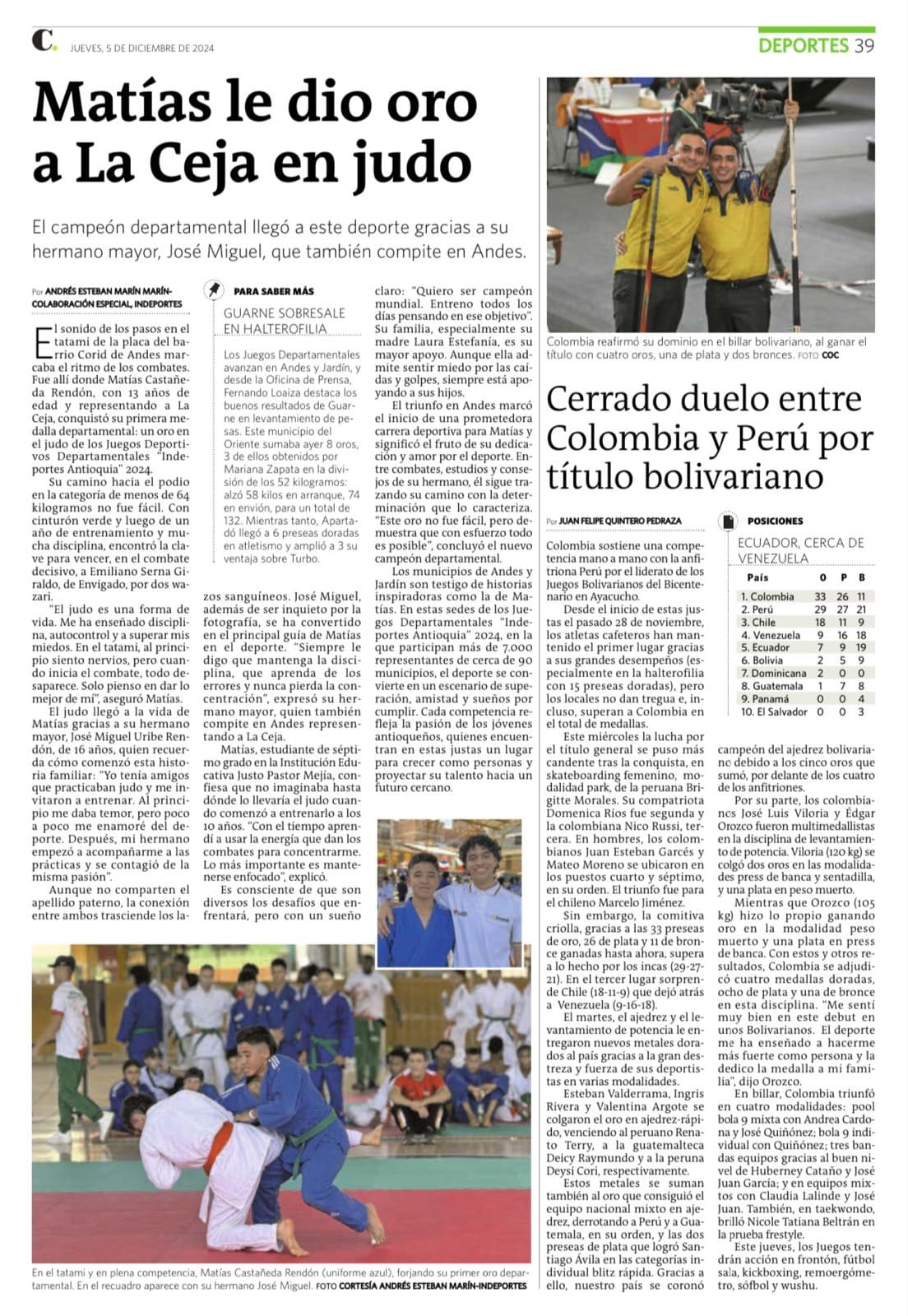 Matías Castañeda le dio oro a La Ceja en judo